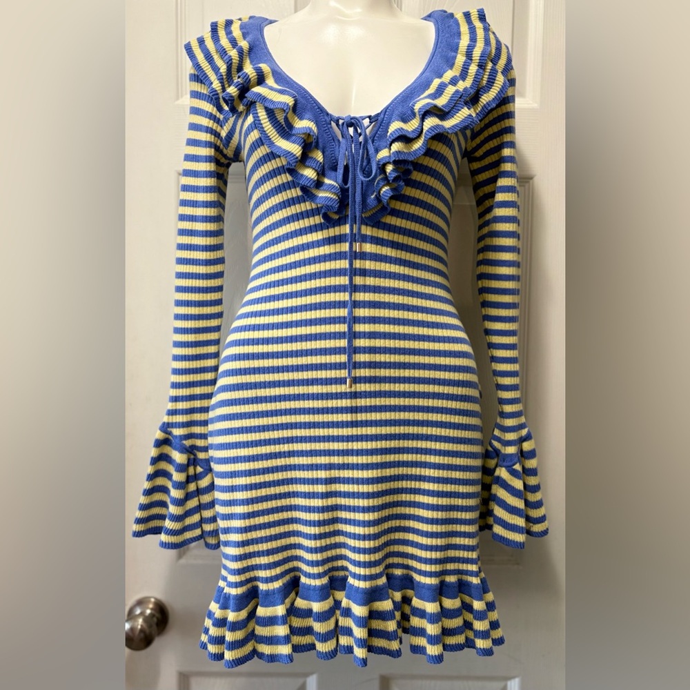Free People Easy Baby Mini Dress Size Medium/M Cotton Viscose Blue Cream Striped